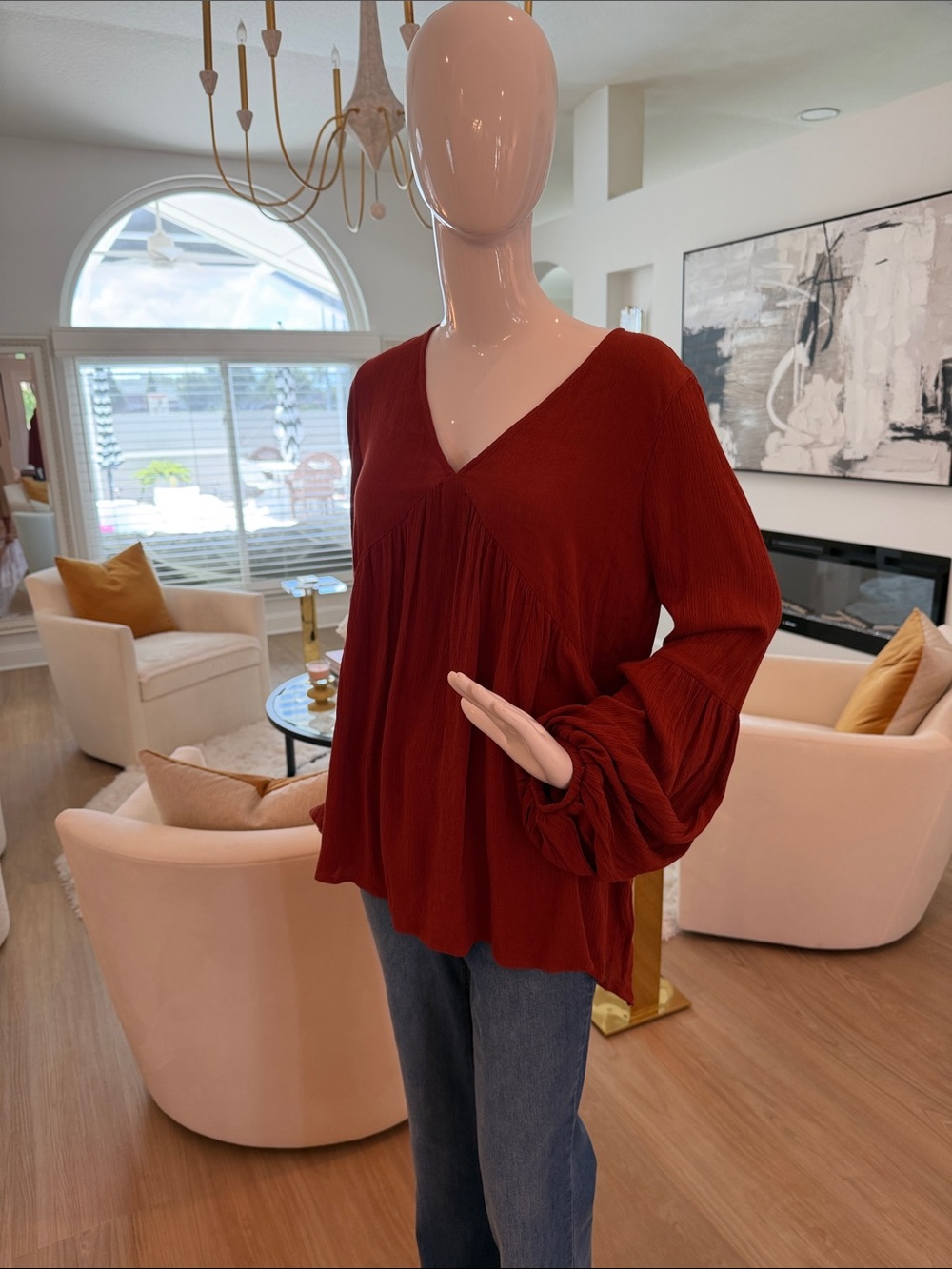 Mossimo Supply Co. Deep Rust Neck Long Sleeve Blouse